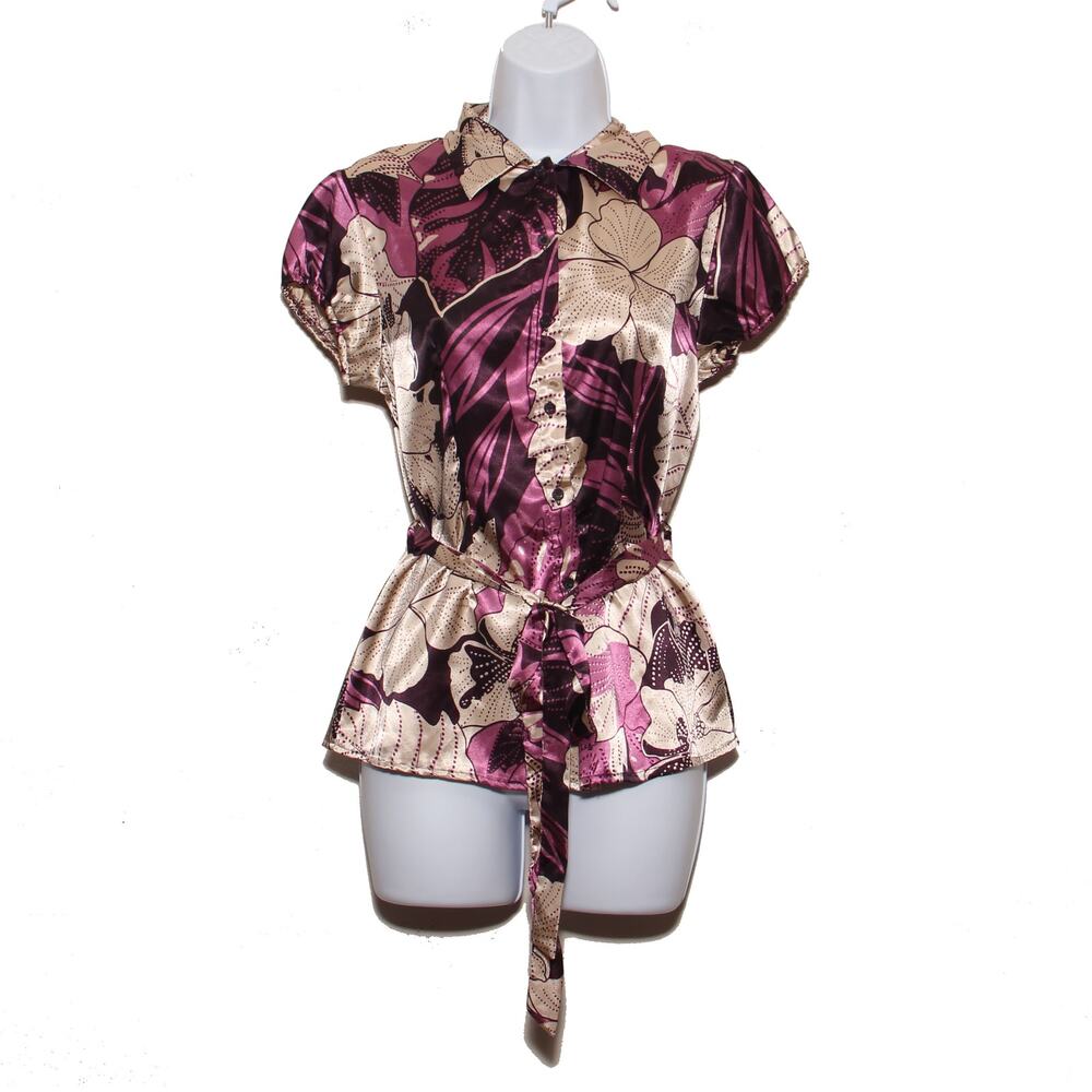 Vintage Y2K Wet Seal Purple Botanical Satin Tie Waist No Size Tag